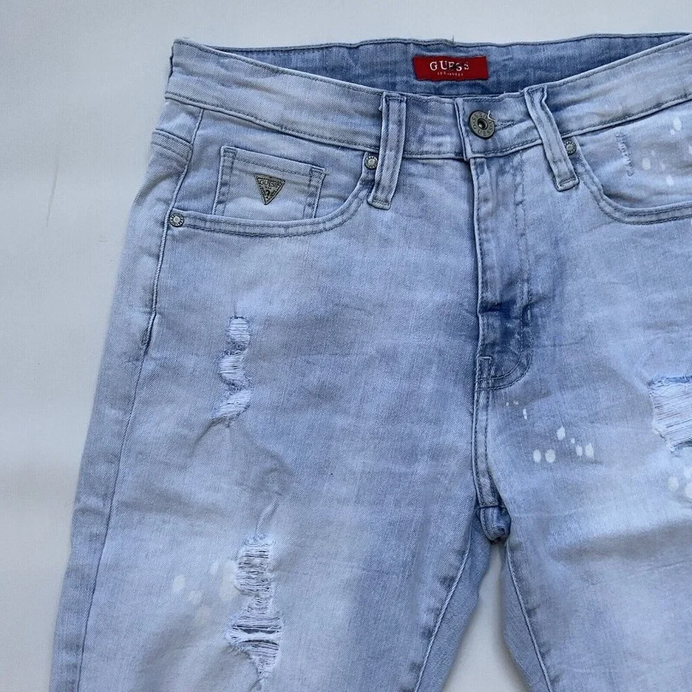Guess Men's Slim Denim Shorts Destroy Super Stretch Light Blue Comfort Size 32